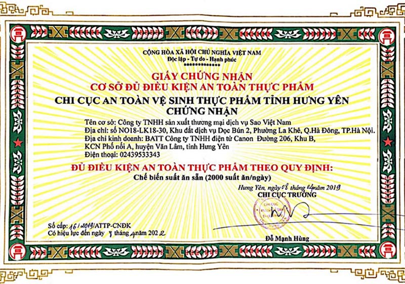 STAVI có đầy đủ giấy chứng nhận về vệ sinh an toàn thực phẩm