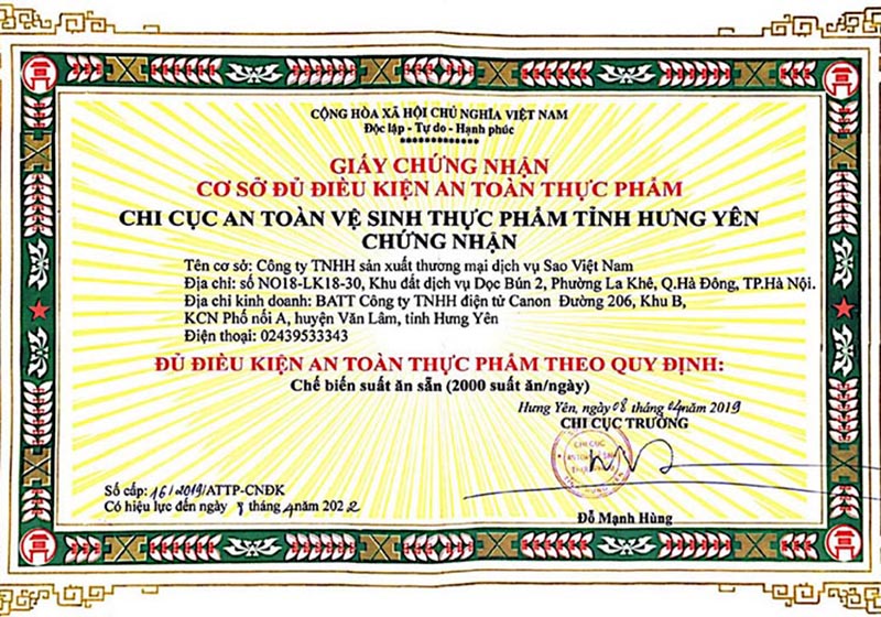 STAVI có đầy đủ giấy chứng nhận về vệ sinh an toàn thực phẩm