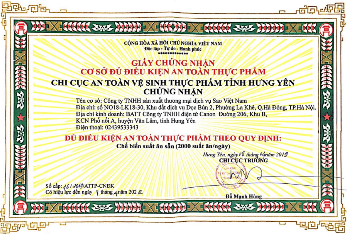Chứng nhận vệ sinh an toàn thực phẩm