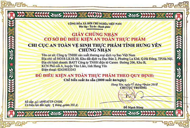 Giấy chứng nhận An toàn thực phẩm