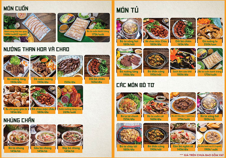 Menu thực đơn phong phú với những món ăn bò tơ hấp dẫn tại BÒ TƠ QUÁN MỘC
