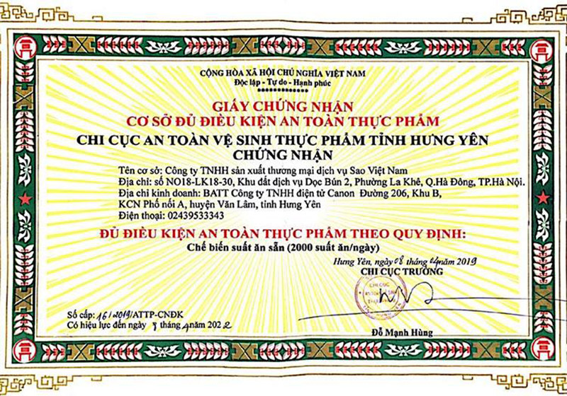Chứng nhận An toàn thực phẩm tại Suất ăn văn phòng STAVI