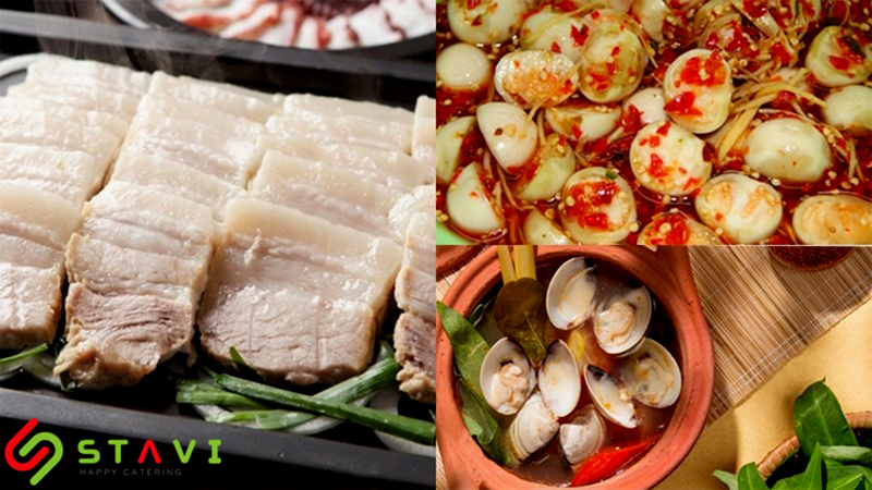 Suất ăn văn phòng thịt luộc, cà pháo, canh ngao nấu chua truyền thống