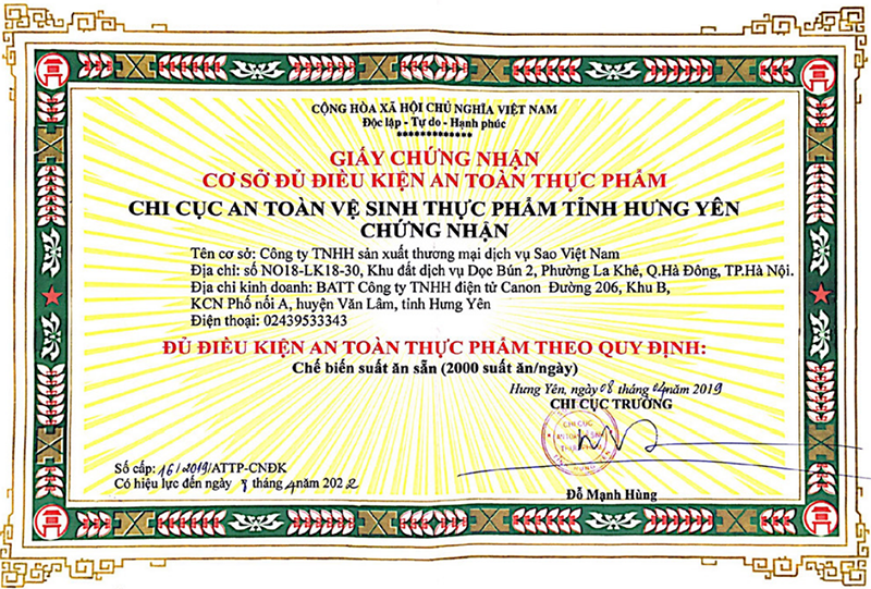 Chứng nhận VSATTP của Công ty STAVI