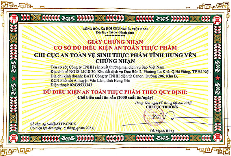 Giấy chứng nhận an toàn thực phẩm của STAVI